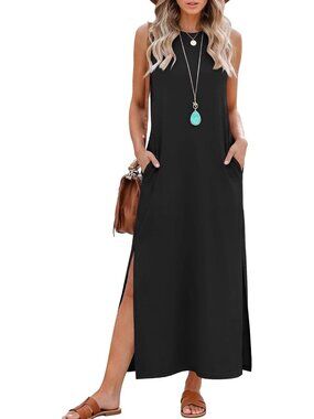 Women's Black Summer Maxi Long Dress Sleeveless Side Slit Casual With Pockets